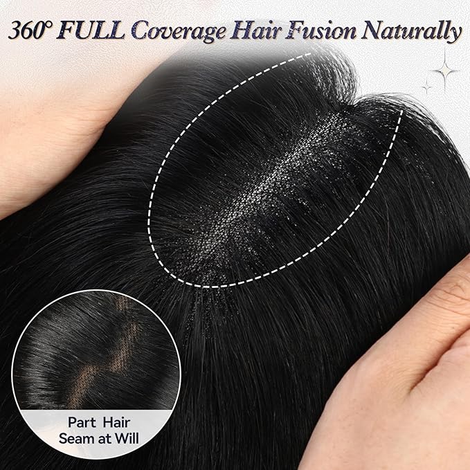 starluck Human Hair Toppers for Women with Thinning Hair, 14 Inch Real Hair Topper, 4.6x4 Inch SilkHug Swiss Lace Base Hairpiece, With Bangs (Black)