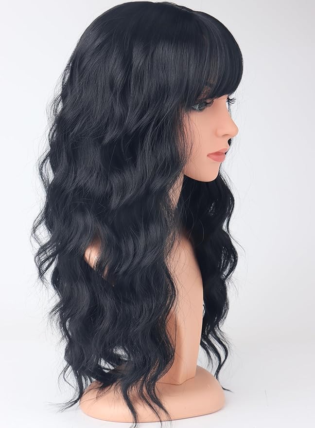 Black Wavy Wigs with Bangs for Women Glueless Black wigs Synthetic Long Black Wigs Natural Looking Heat Resistant for Daily Party Use 18 Inches