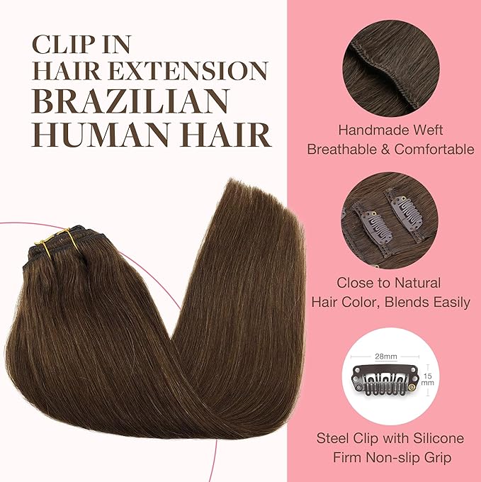 GOO GOO Clip in Hair Extensions Real Human Hair, Remy Human Hair Extensions Clip ins for Women, Natural Human Hair, 18inch 120g 7Pcs, 4A Chocolate Brown