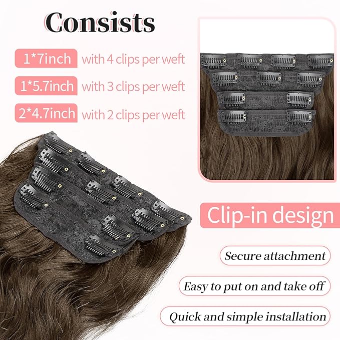 KooKaStyle Clip in Synthetic Hair Extensions Long Wavy 4PCS Thick Hairpieces Chestnut Brown Fiber Double Weft Natural Hair Extensions 24 Inch for Women