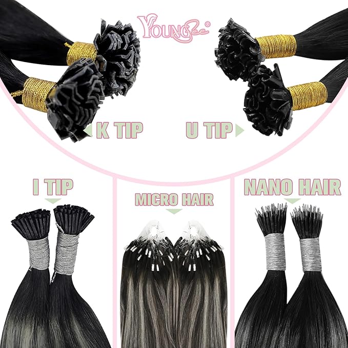 YoungSee K Tip Hair Extensions Real Human Hair Ombre K Tip Extensions Natural Black Roots to Silver Grey Balayage Keratin Tip Hair Extensions Human Hair Pre Bonded 50g 20inch 50s