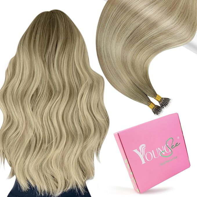 YoungSee Nano Ring Hair Extensions Human Hair Ombre Blonde Nano Extensions Human Hair Balayage Ash Blonde Ombre Platinum Blond Nanobead Hair Extension Ombre 16Inch 1g/s 50G 50S