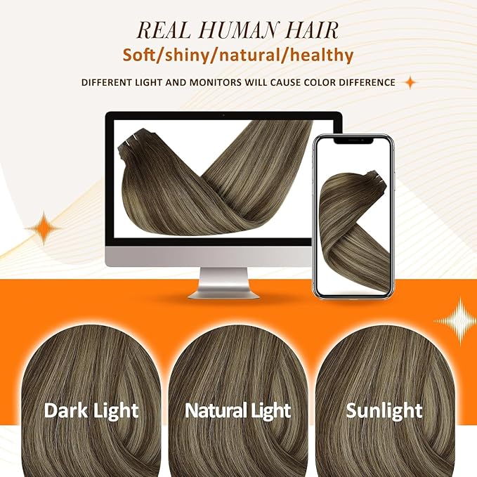 Full Shine Seamless Clip in Hair Extensions Balayage Brown Clip in Extensions Real Human Hair Medium Brown Ombre Honey Blonde Short Clip ins 14 Inch 120 G 8 PCS