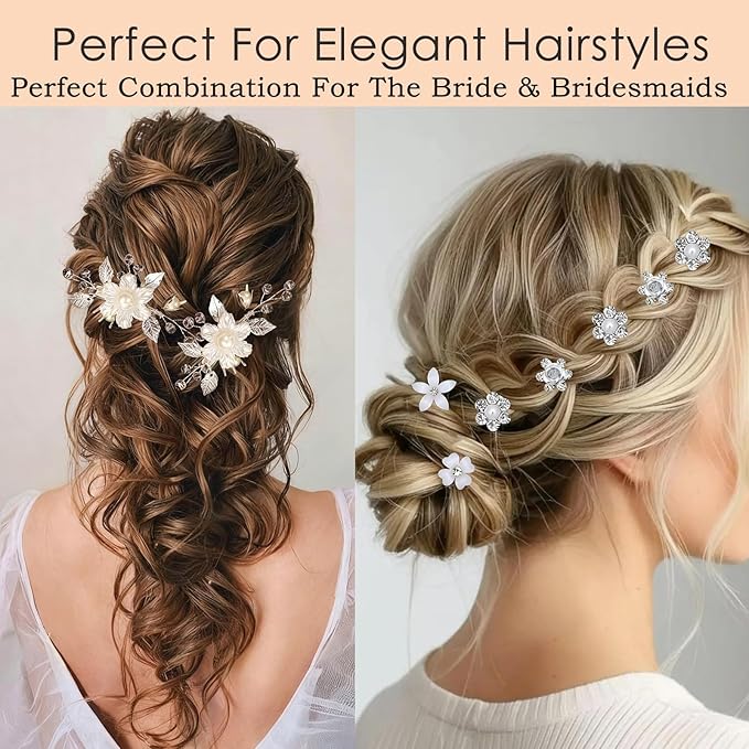 14 Pcs Flower Girl Hair Accessory Bridal Hair Clips Handmade Silver Leaf Floral Pearls Crystal Design with Mini Flower Hair Accessories for Girls & Women (white)