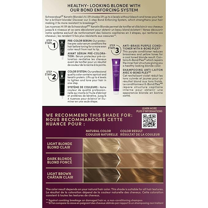 Schwarzkopf Keratin Blonde Hair Dye, 11 High Lift Natural Blonde, Professional Quality Permanent Hair Color, Bond Enforcing System, Pre-Color Serum & Purple Conditioner Included