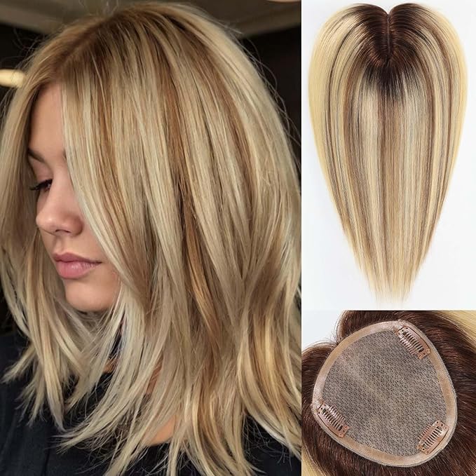 starluck Hair Toppers for Women Real Human Hair,5.5"*5"MONO Large Base, Real HumanHair Toppers for Women with Thinning,56g Hand-moven Topper,Gray Roots,High Volume,Ombre Blonde with Brown Highlight