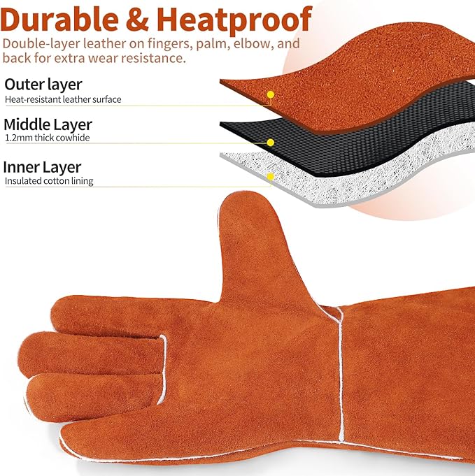 Welding Gloves Fire Heat Resistant 14IN Fireproof Leather for Welding Fire Pit Wood Stove Campfire Furnace BBQ Baking,Grill Oven Stick Mig Tig Gear Gift for Man L