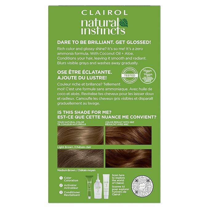 Clairol Natural Instincts Demi-Permanent Hair Dye, 6BZ Light Caramel Brown Hair Color, Pack of 3
