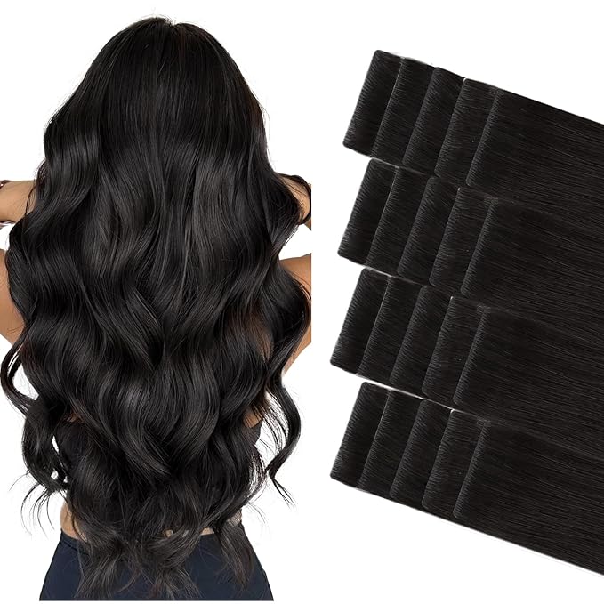 GOO GOO Invisi Edge Tape in Hair Extensions Human Hair, 1B Natural black 20pcs 18inch 50g, Virgin Remy Hair, Seamless Injected Tape, Natural Look