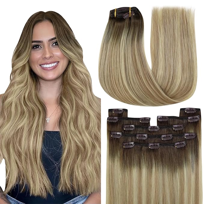 YoungSee Clip in Human Hair Extensions Balayage Walnut Brown Ombre Light Brown with Blonde Clip in Hair Extensions Balayage Human Hair Clip in Extensions Dyable Remy Hair 14Inch 7Pcs 120G