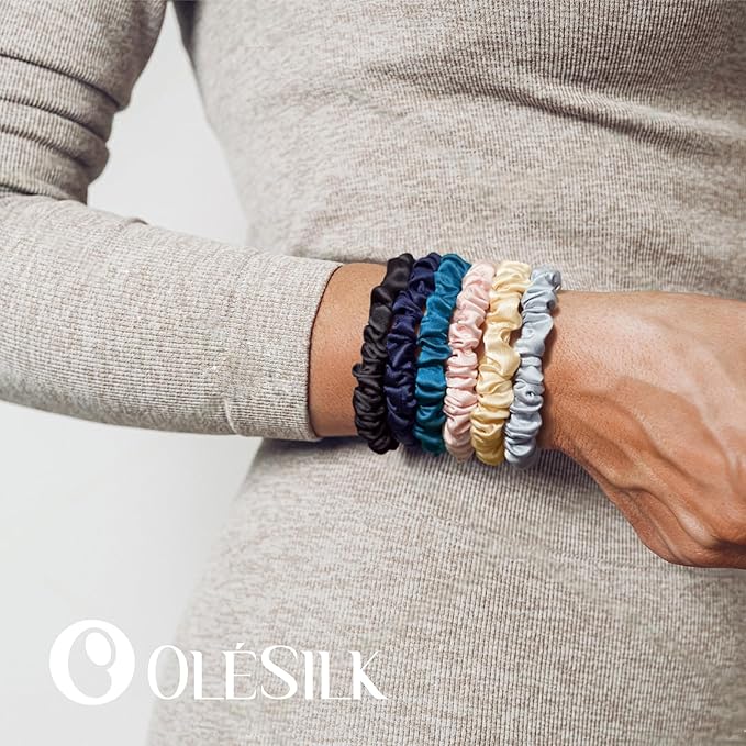 OLESILK Silk Hair Ties for Women: 100% Mulberry Skinny Silk Scrunchies, Soft Smooth No Damage No Crease for Thin Fine Curly Hair 5 Pack, Brown