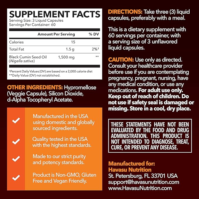 Cold Pressed Black Seed Oil Capsules - 1500mg Black Cumin Supplement for Immune Function, Digestive Support & Overall Health - Hair & Skin Superfood - Nigella Sativa - 2 Month Supply, Unflavored