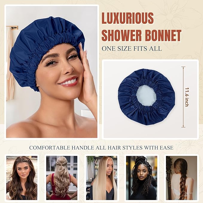 Reusable Shower Cap for Women, Stylish Large Waterproof Shower Bonnet Washable Wide Elastic Band Hair Cap for Long Hair, Braids Bath Hat(Navy)
