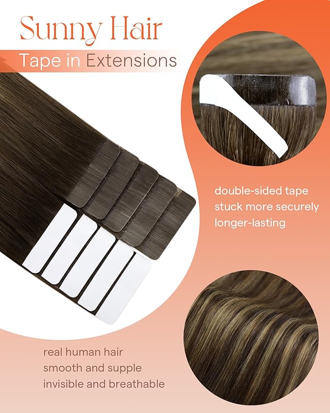 Sunny Hair Tape in Hair Extensions Real Human Hair Invisible Remy Hair Extensions Tape ins for Women Dark Brown Ombre Caramel Blonde Balayage 20 inch 25G