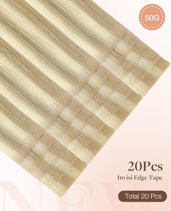 GOO GOO Invisi Edge Tape in Hair Extensions Human Hair, 18A/613A Dark Blonde Highlighted Bleach Blonde 20pcs 10inch 30g, Virgin Remy Hair, Seamless Injected Tape, Natural Look