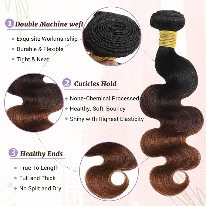 T1B/2/30 Chestnut Brown Ombre Human Hair Bundles Body Wave 100% Real Virgin Human Hair Bundles Dark Roots Bundle 3 Tone Ombre Medium Auburn Colored Sew in Quick Weaves 12 14 16 Inch