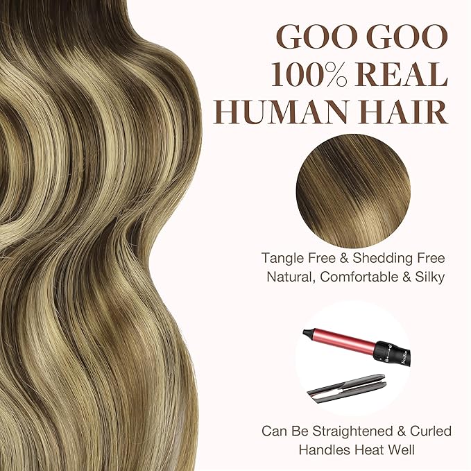 GOO GOO Tape in Hair Extensions Human Hair, 2/6/18 Balayage Brown to Dirty Blonde, 22inch 50g 20pcs, Thick Ends Straight Seamless, Invisible