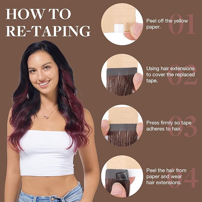 GOO GOO Tape in Hair Extensions Human Hair, 1/99 Balayage Jet Black to Red, 24inch 30g 10pcs, Skin Weft Seamless Invisible, Silky Straight with Thick Ends, Remy Human Hair