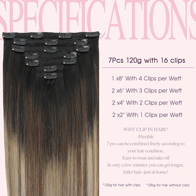 PINKPEARL Clip in Hair Extensions Real Human Hair #1B/4/27 Balayage Natural Black to Chocolate Brown and Caramel Blonde Clip in Hair 7pcs 120g 14inch Human Hair Extensios Clip ins(#1B/4/27-14)
