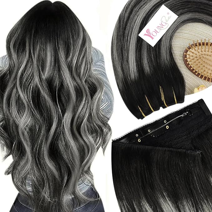 YoungSee 130G Human Hair Wire Extensions Ombre Invisible Wire Hair Extensions Real Human Hair Off Black Mix Sliver Balayage Fish Line Hair Extensions for Women 20Inch