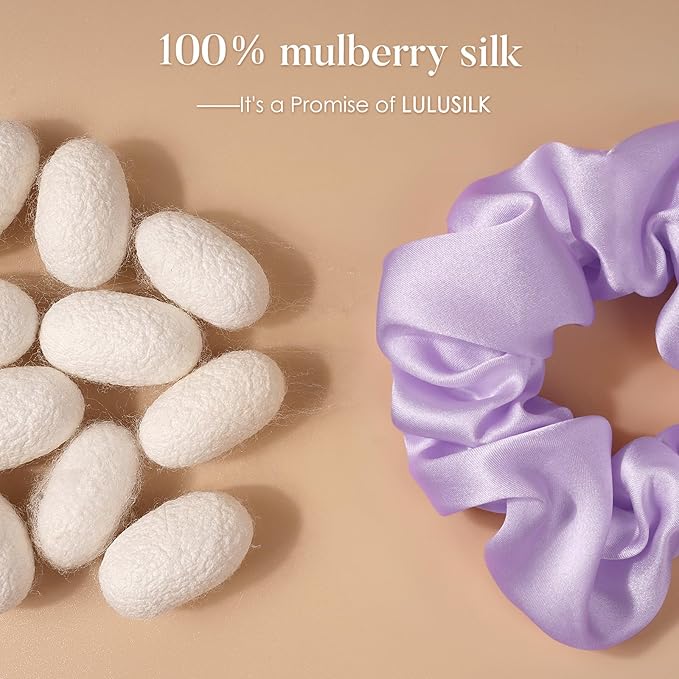 LULUSILK Silk Scrunchies for Hair Sleep, 100% Real Mulberry Silk, No Damage Hair Ties for Women and Girls, Lavender Pink and Peacock Blue, Pack of 3