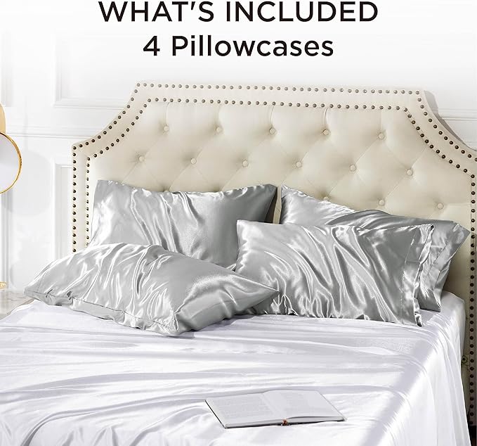Bedsure King Size Satin Pillowcase Set of 4 - Silver Grey Pillow Covers for Hair and Skin 20x36 Inches with Envelope Closure, Similar to Silk Pillow Cases, Gifts for Women Men