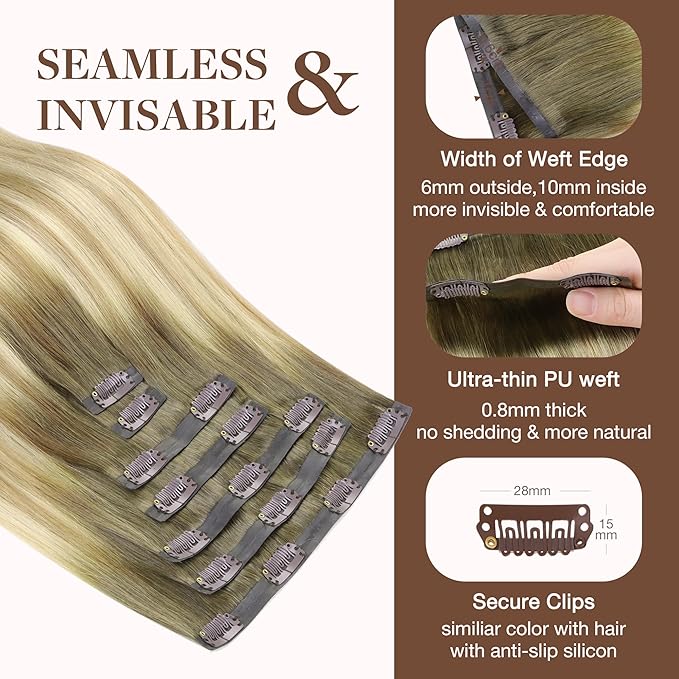 GOO GOO Clip in Hair Extensions Real Human Hair, Remy Human Hair Extensions Clip ins for Women, Natural Human Hair, 24inch 160g 7Pcs, 5A/90/16F Bahamian Balayage