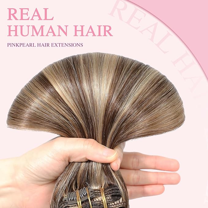 PINKPEARL Clip in Hair Extensions Human Hair 14inch 120g 7pcs Remy Human Hair Extensions Clip in #4P27 Chocolate Brown Highlighted Caramel Blonde Clip Hair Natural Human Hair(#4P27-14)