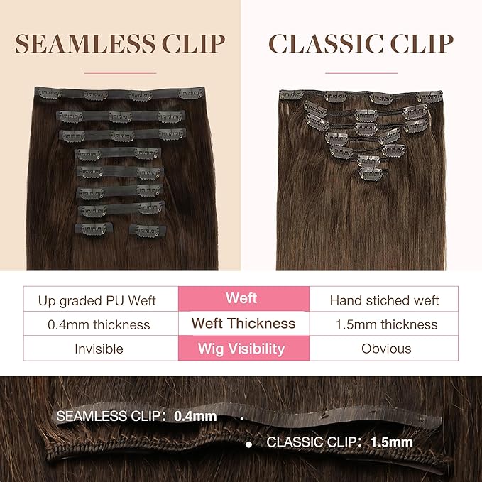 GOO GOO Clip in Hair Extensions Real Human Hair, Remy Human Hair Extensions Clip ins for Women, Natural Human Hair, 14inch 130g 9Pcs, 4A Chocolate Brown