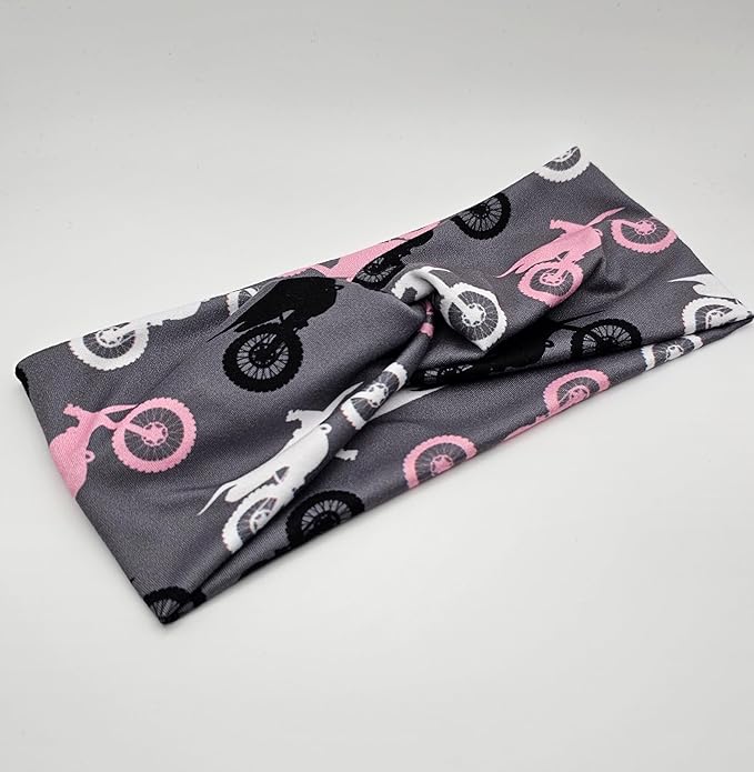 Soft Stretchy Headband, 3-in-1 Versatile Twist Style, One-Piece (Dirtbikes - Pink & Grey, Adult)