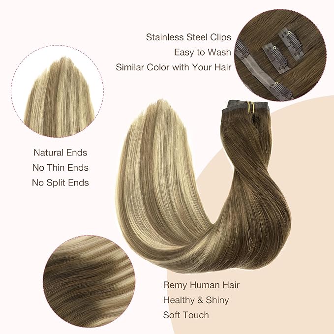 GOO GOO Clip in Hair Extensions Real Human Hair, Remy Human Hair Extensions Clip ins for Women, Natural Human Hair, 22inch 150g 7Pcs, 3/8/613 Balayage Walnut Brown to Ash Brown and Bleach Blonde