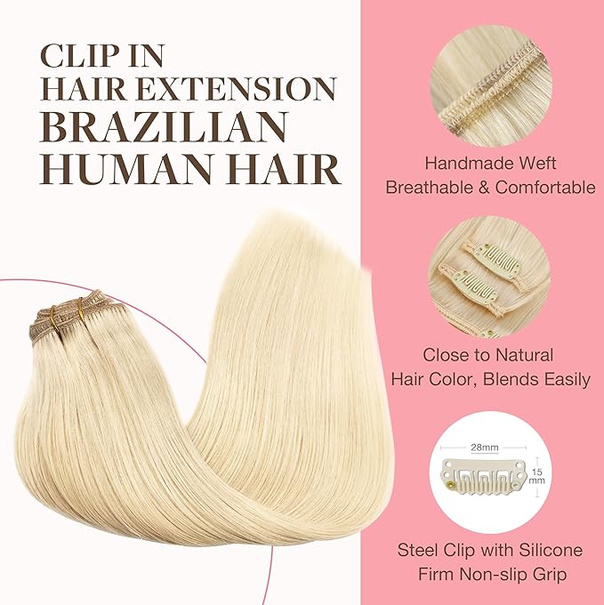 GOO GOO Clip in Hair Extensions Real Human Hair, Remy Human Hair Extensions Clip ins for Women, Natural Human Hair, 16inch 120g 7Pcs, 613R Bleach Blonde