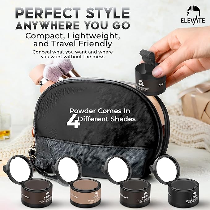 ELEVATE Hair Line Powder Instantly Conceal Hair Loss for Thinning Areas - Shadow Makeup - Root Cover Touch Up with Puff Touch - Instant Gray Coverage for Men and Women (Dark Brown)