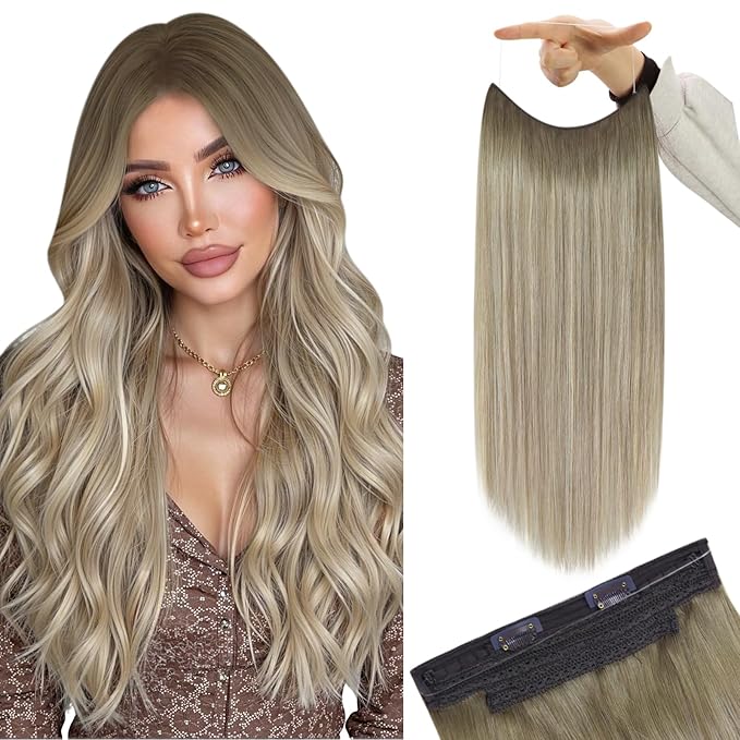 YoungSee 120G Wire Hair Extensions Human Hair Ombre Hair Extensions Invisible Wire Balayage Ash Blonde Ombre Platinum Blonde Fish Line Extensions 18Inch