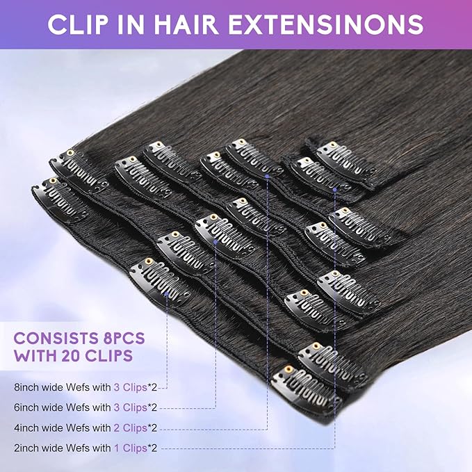 Clip in Hair Extensions Real Human Hair, 22 Inch 110g, 1B Natural Black, Invisible Seamless Straight Remy Human Hair Extensions Cip ins for Women 8pcs Per Set with Double Weft