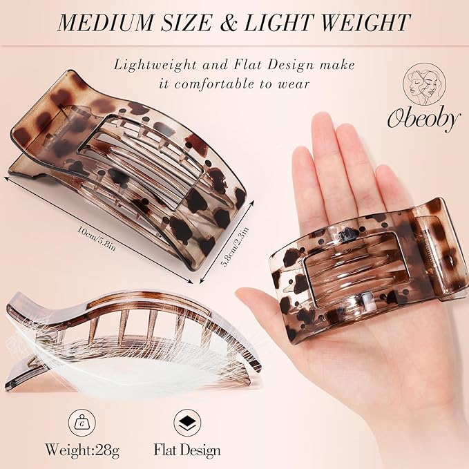 Obeoby 8 PCS Flat Hair Clips for Women, Strong-Hold French Flat Claw Clips for Thin Thick Hair Barrettes Medium Accessories (Tortoiseshell)