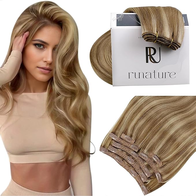 RUNATURE Clip in Extensions Human Hair 10"-24" Straight Short/Long Smooth Hair 100g 9pcs Full Head Clip in Human Hair Weave Extensions for Women Girls Ladies 16" #10/16