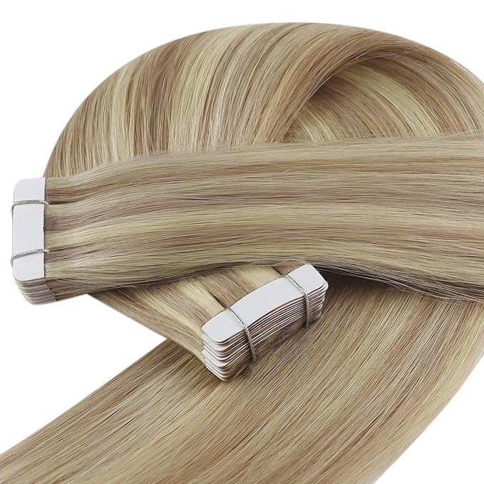 YoungSee 24inch Tape in Human Hair Extensions Highlight Blonde Tape-in Hair Extensions Blonde Highlight Human Hair Extension Tape in Long Straight Hair 20pcs 50g