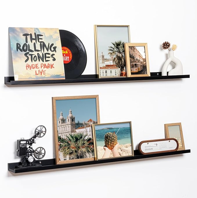 Fun Memories Picture Ledge Shelf, 48 Inch Floating Shelves Set of 2, Large Nursery Book Shelves for Toys Storage, Kids Bookshelf Wall Mounted for Wall Decor Books Photo Frames, Black