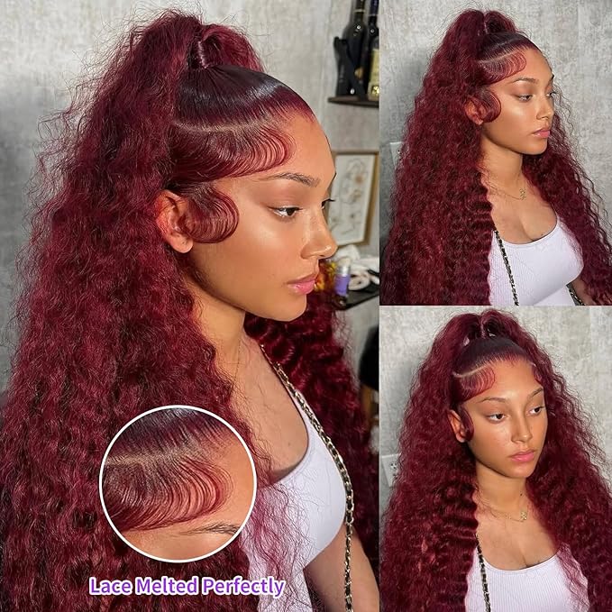 18 Inch 99J Burgundy Lace Front Wigs Human Hair Deep Wave 13x6 HD Lace Front Wigs Pre Plucked with Baby Hair Wet and Wavy Human Hair Wig 200% Density Deep Curly Frontal Wigs for Black Women