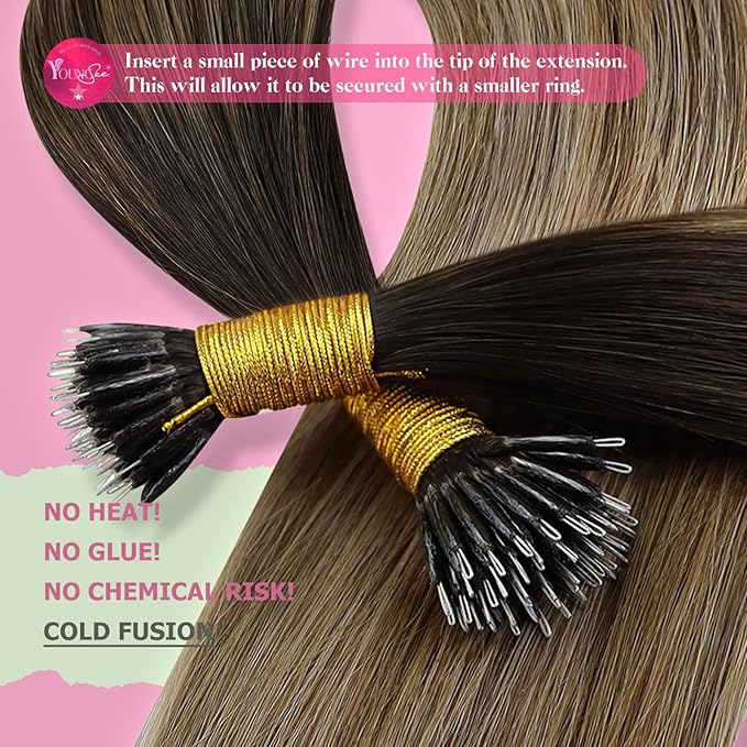 YoungSee Nano Extensions Human Hair Ombre 22 Inch Nano Ring Hair Extensions Human Hair Balayage Dark Brown with Blonde Nanobead Hair-Extension Real Hair or Wedding 50s 50g