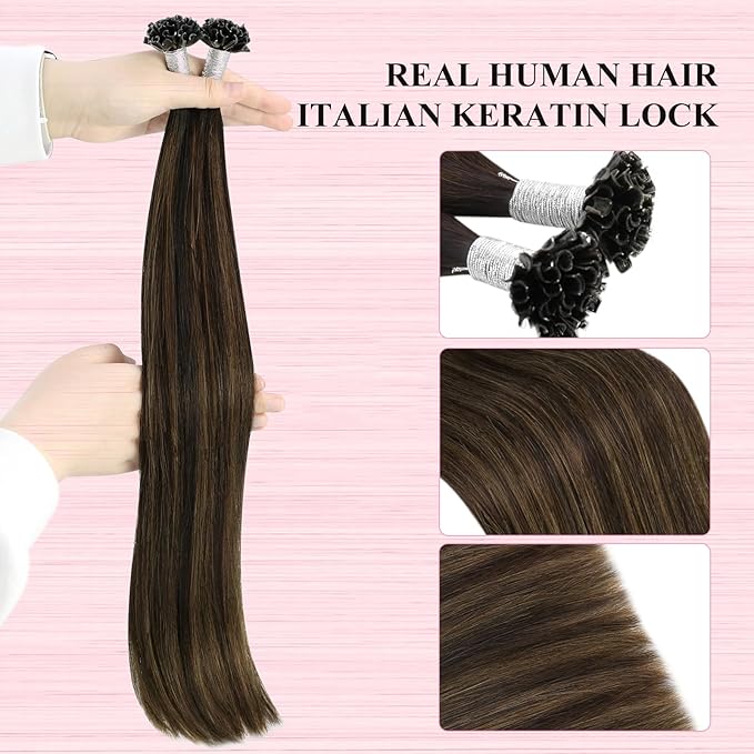 YoungSee Utip Hair Extensions Human Hair Balayage U Tip Hair Extensions Dark Brown with Medium Brown K-Tip Hair Extension Human Hair Ombre 14Inch for Short Hair 50s/50G