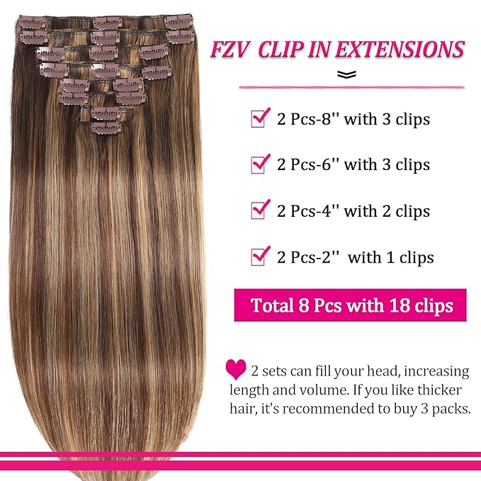 Remy Clip in Hair Extensions Real Human Hair Extensions 110g 8Pcs Straight Silky Chocolate Brown to Honey Blonde Real Human Hair for Women Natural Hair Clip in Hair Extensions 16 Inch