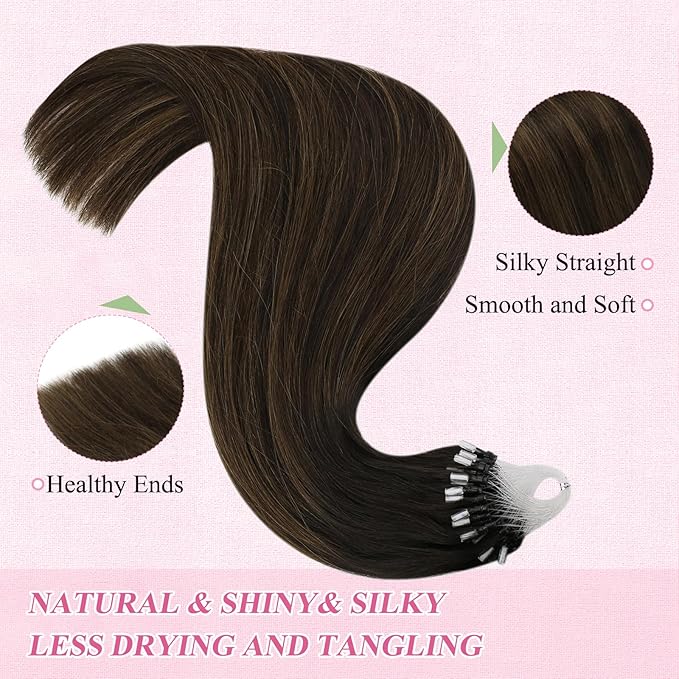 YoungSee Micro Bead Hair Extensions Real Human Hair Brown Micro Loop Hair Extensions Human Hair Dark Brown Balayage Bead Hair Extension 22 Inch Ombre Micro-Link Hair Extension Soft for Wedding 50g 50s