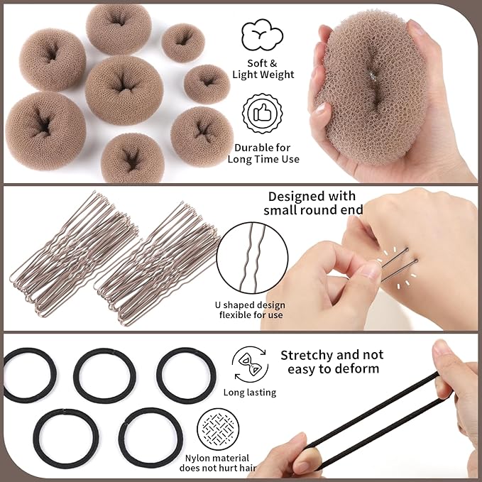 FANDAMEI Hair Bun Maker Set- 8 PCS Hair Donuts for Buns (2 Extra-large,2 Large,2 Medium and 2 Small), 40 PCS Bobby Pins, 5 PCS Hair Elastic Ties Black,Bun Maker - Tan Brown
