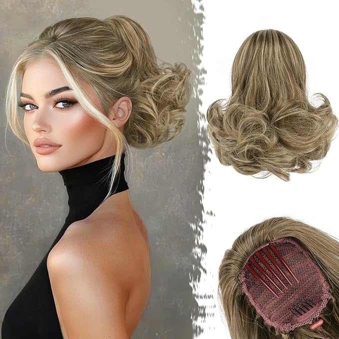 BARSDAR Short Highlight Ponytail Extension - 10 Inch Wavy Drawstring Comb Clip Pony Tails Hairpieces for Women, Synthetic Clip in Ponytail Hair Extensions - Chocolate Brown with Highlights