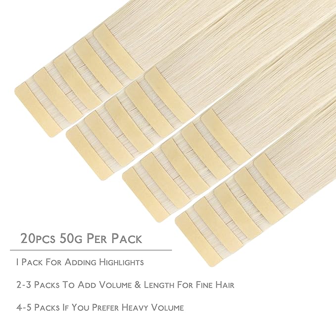 WENNALIFE Tape in Hair Extensions Human Hair, 20pcs 50g 18 inch Platinum Blonde Remy Hair Extensions Straight Human Hair Tape in Extensions Skin Weft Tape Extensions Human Hair
