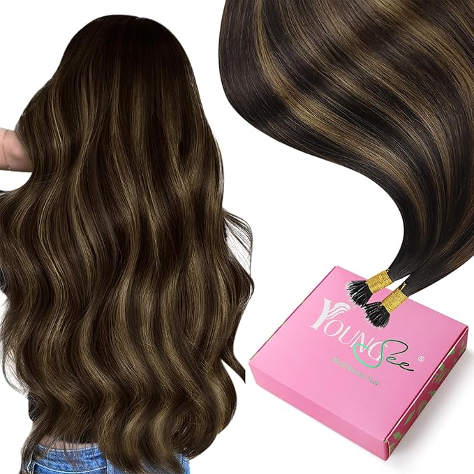 YoungSee Nano Hair Extensions Human Hair Brown Nano Bead Hair Extensions Human Hair Balayage Nanolink Hair Extension Dark Brown Ombre Medium Browns Nano-Tip Hair Extension 14inch 50s 50g