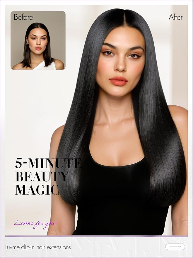 LUVME Straight Seamless 70g 4Pcs Clip in Hair Extensions Full Max with 22inch Remy Human Hair Clip ins Extensions, Natural Black 100% Real Soft Hair