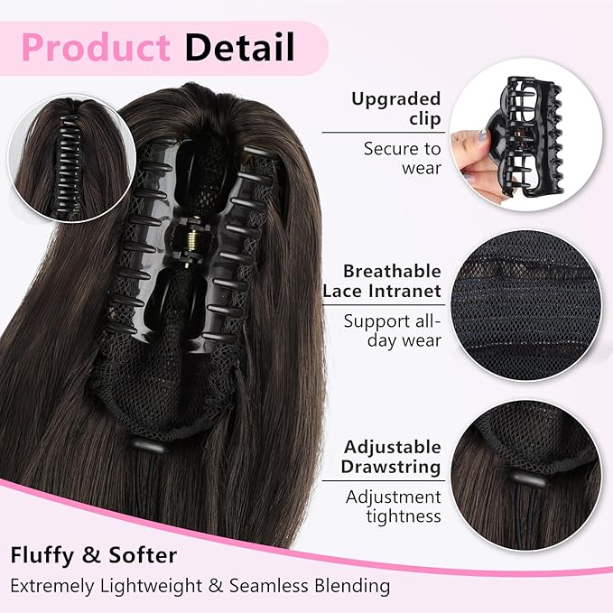 ALXNAN Ponytail Extension,18 Inch Claw Clip in Long Curly Wavy Black Brown Ponytail Hair Extension Jaw Clip on Pony Tails Hairpiece for Women